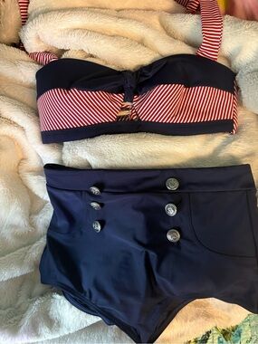 Navy & Red Striped High-Waist Nautical Bikini Set